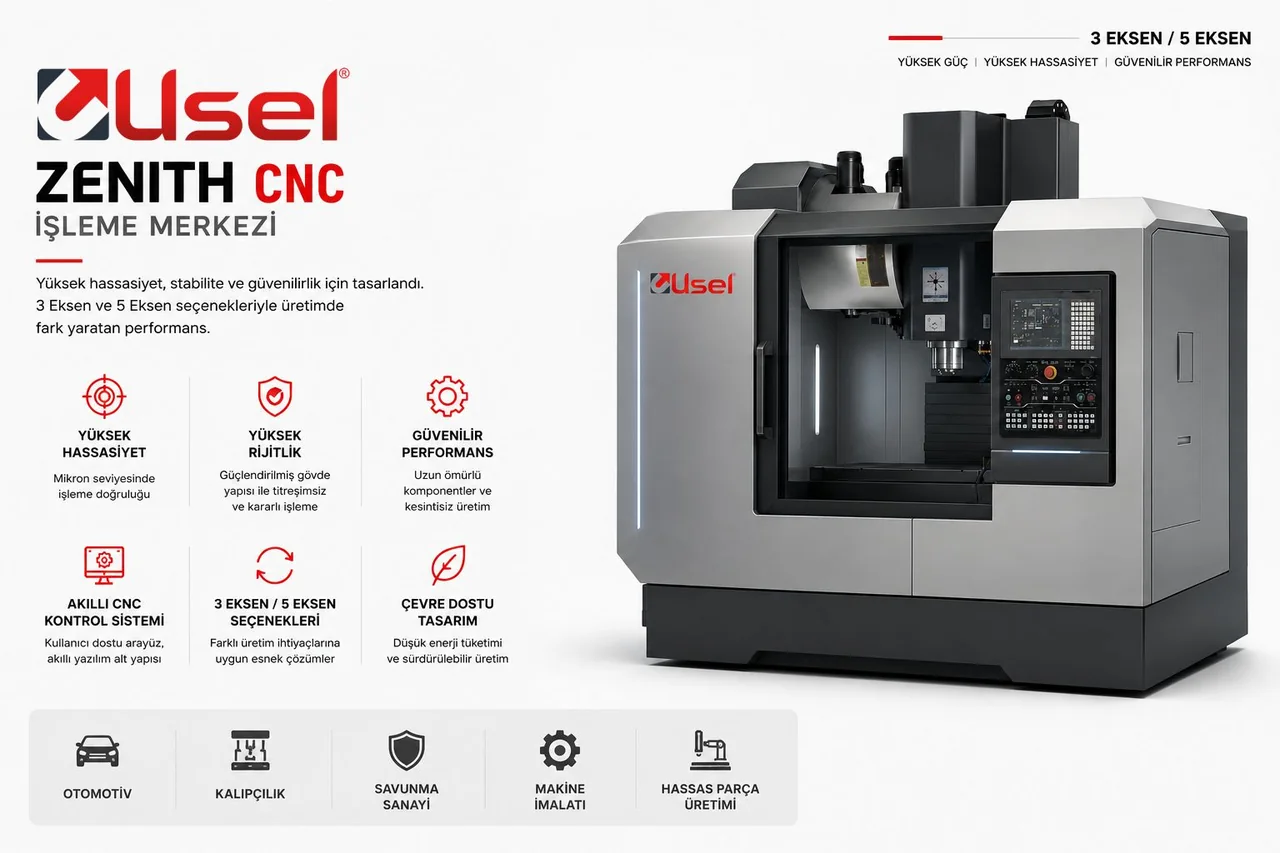 USEL Zenith CNC Dikey İşleme Merkezi (VMC) — 3 ve 5 eksen seçenekleriyle metal parçalarda yüksek hassasiyetli talaşlı imalat