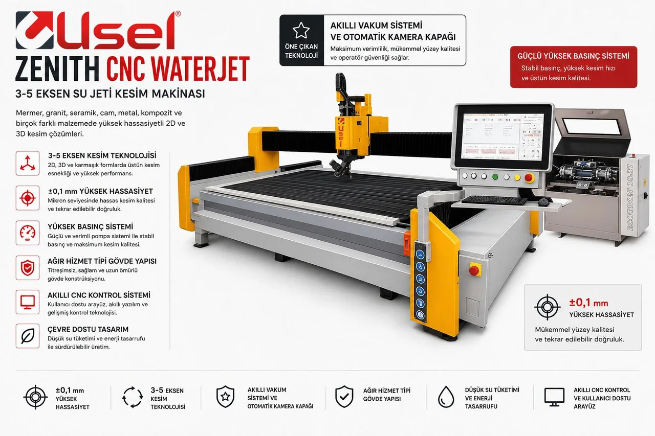 USEL Zenith CNC Waterjet Kesim Makinası — soğuk kesim ile mermer, granit, cam, metal ve kompozit için su jeti